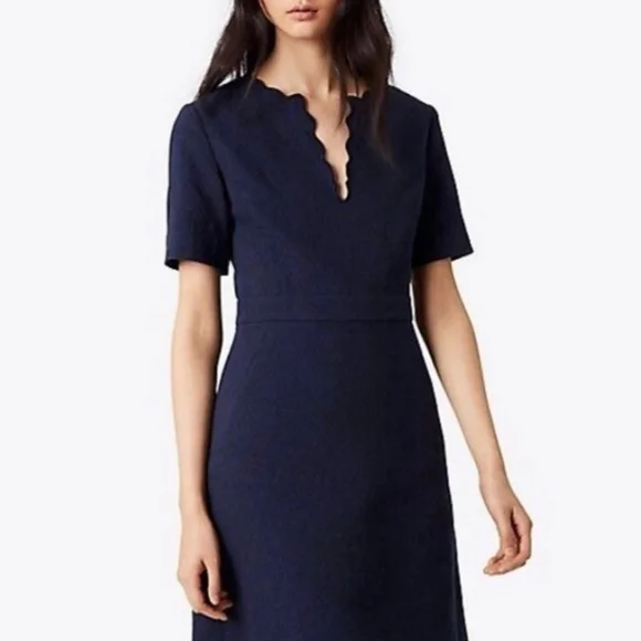 Tory Burch Jacquard Scalloped Navy Sheath Dress Classic Preppy 8 - Picture 1 of 7